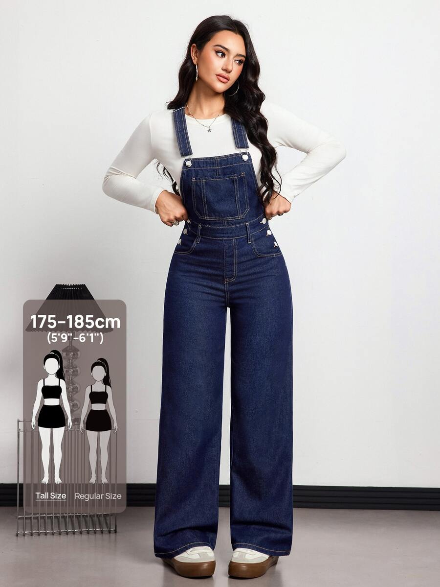 SHEIN Tall Overol de mezclilla versátil de moda con cintura alta y bolsillo delantero para mujer - Azul lavado medio - Ver 1