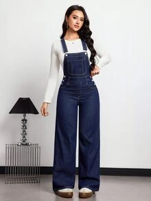 SHEIN Tall Overol de mezclilla versátil de moda con cintura alta y bolsillo delantero para mujer - Azul lavado medio - Ver 4