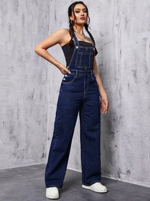 SHEIN Tall Overol de mezclilla versátil de moda con cintura alta y bolsillo delantero para mujer - Azul lavado medio - Ver 6