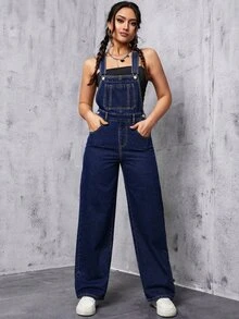 SHEIN Tall Overol de mezclilla versátil de moda con cintura alta y bolsillo delantero para mujer - Azul lavado medio - Ver 7