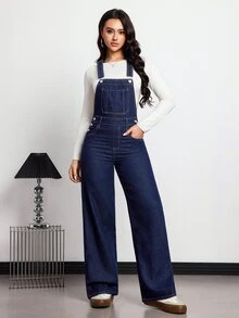SHEIN Tall Overol de mezclilla versátil de moda con cintura alta y bolsillo delantero para mujer - Azul lavado medio - Ver 3