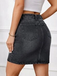 SHEIN Tall 女款休閒中腰牛仔迷你裙，附口袋 - 淺灰色 - 查看 2