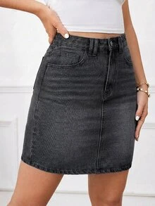 SHEIN Tall 女款休閒中腰牛仔迷你裙，附口袋 - 淺灰色 - 查看 6