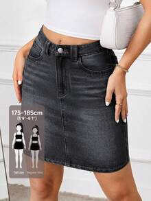 SHEIN Tall 女款休閒中腰牛仔迷你裙，附口袋 - 淺灰色 - 查看 1