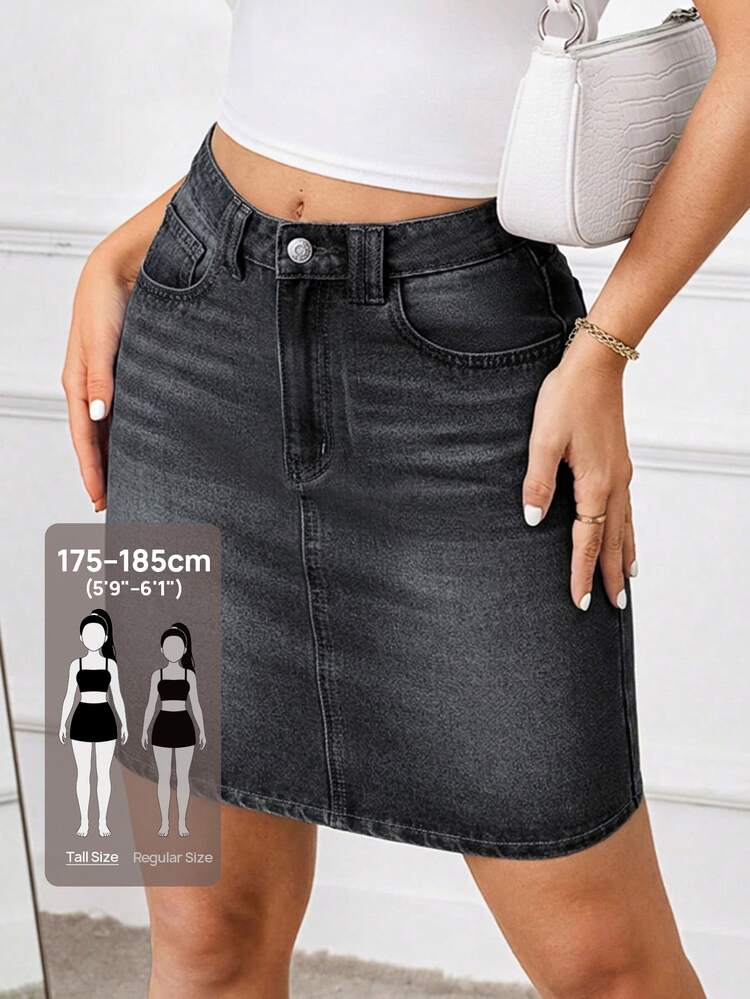 SHEIN Tall Women's Casual Mid-Waist Denim Mini Skirt With Pockets - Light Grey - View 1