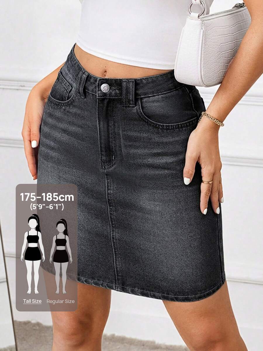 SHEIN Tall 女款休閒中腰牛仔迷你裙,附口袋 - 淺灰色 - 查看 1