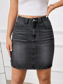SHEIN Tall 女款休閒中腰牛仔迷你裙，附口袋 - 淺灰色 - 查看 5