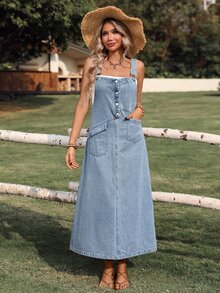 SHEIN Tall Women's Solid Color Sleeveless Casual Denim Dress, Summer, Tall Women - Light Wash - View 3