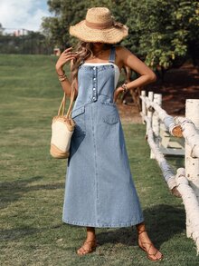 SHEIN Tall Women's Solid Color Sleeveless Casual Denim Dress, Summer, Tall Women - Light Wash - View 7