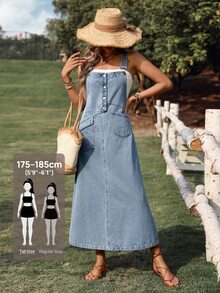 SHEIN Tall Women's Solid Color Sleeveless Casual Denim Dress, Summer, Tall Women - Light Wash - View 1