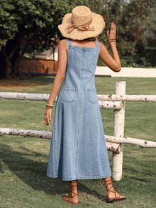 SHEIN Tall Women's Solid Color Sleeveless Casual Denim Dress, Summer, Tall Women - Light Wash - View 2