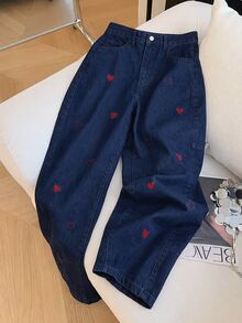 SHEIN Tall Women's Casual Sexy Everyday Swimming Commute Versatile Heart Embroidered Loose Wide-Leg Jeans Pastal Summer - Dark Wash - View 7