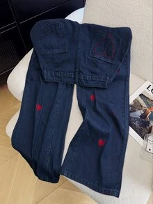 SHEIN Tall Women's Casual Sexy Everyday Swimming Commute Versatile Heart Embroidered Loose Wide-Leg Jeans Pastal Summer - Dark Wash - View 2