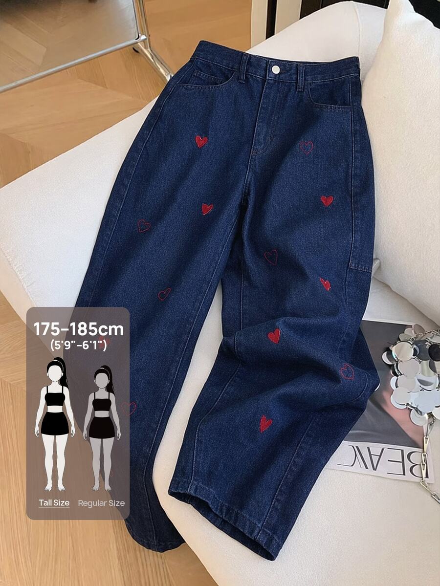 SHEIN Tall Women's Casual Sexy Everyday Swimming Commute Versatile Heart Embroidered Loose Wide-Leg Jeans Pastal Summer - Dark Wash - View 1