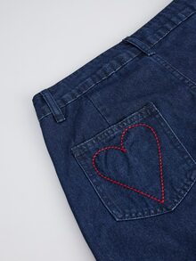 SHEIN Tall Women's Casual Sexy Everyday Swimming Commute Versatile Heart Embroidered Loose Wide-Leg Jeans Pastal Summer - Dark Wash - View 6