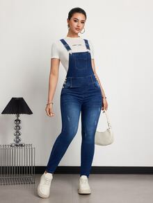 SHEIN Tall Women's Button Decor Pocket Skinny Casual Denim Jumpsuit - Medium Wash - View 6