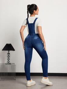 SHEIN Tall Women's Button Decor Pocket Skinny Casual Denim Jumpsuit - Medium Wash - View 2