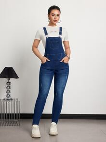 SHEIN Tall Women's Button Decor Pocket Skinny Casual Denim Jumpsuit - Medium Wash - View 4