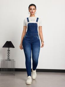SHEIN Tall Women's Button Decor Pocket Skinny Casual Denim Jumpsuit - Medium Wash - View 7