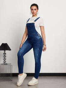 SHEIN Tall Women's Button Decor Pocket Skinny Casual Denim Jumpsuit - Medium Wash - View 3