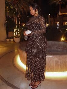 Firerie Women's Plus Size Elegant Polka Dot Ruffle Dress Fall - Coffee Brown - View 3