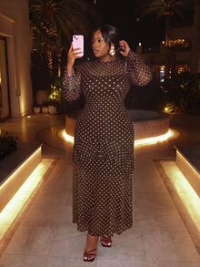 Firerie Women's Plus Size Elegant Polka Dot Ruffle Dress Fall - Coffee Brown - View 5