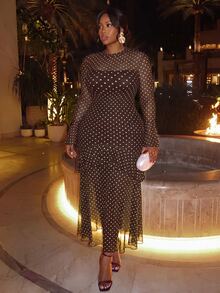 Firerie Women's Plus Size Elegant Polka Dot Ruffle Dress Fall - Coffee Brown - View 6