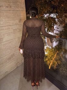 Firerie Women's Plus Size Elegant Polka Dot Ruffle Dress Fall - Coffee Brown - View 2