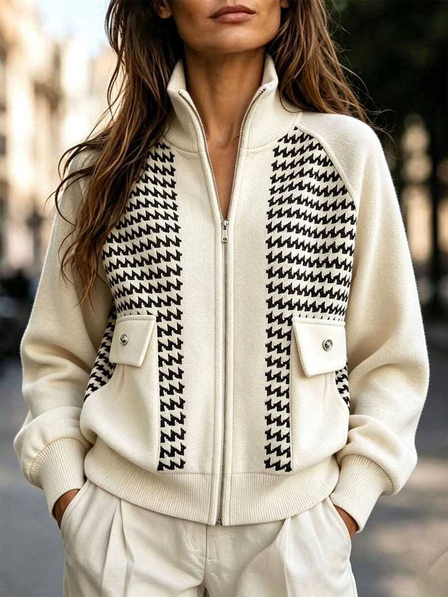 LUMIGAL Women's Houndstooth Raglan Long Sleeve Zip-Up Casual Regular Fit Jacket - Multicolor - View 1