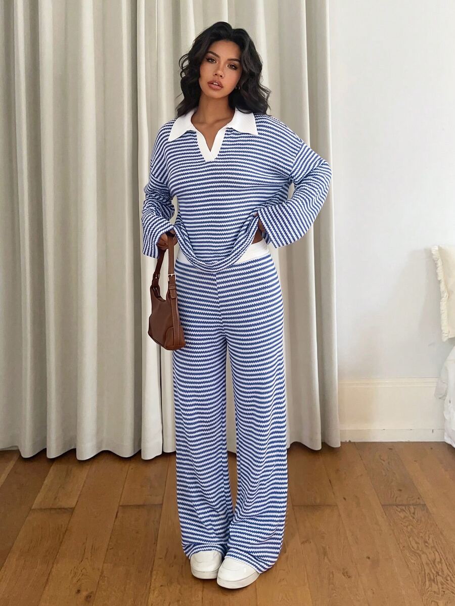 Siren Gaze Women's 2pcs Set Loose Striped V-Neck Drop Shoulder Long Sleeve T-Shirt &Elastic Waist Striped Pants - Royal Blue - View 1