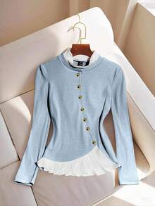 Franclia Women's Solid Color Elegant Contrast Color Long Sleeve T-Shirt, Autumn - Baby Blue - View 3