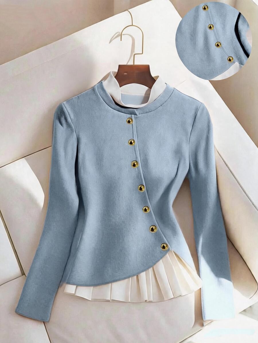 Franclia Women's Solid Color Elegant Contrast Color Long Sleeve T-Shirt, Autumn - Baby Blue - View 1