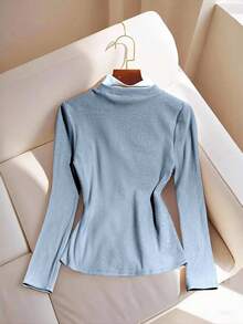 Franclia Women's Solid Color Elegant Contrast Color Long Sleeve T-Shirt, Autumn - Baby Blue - View 2