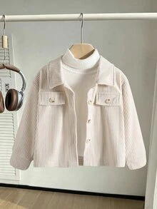 女童簡約夾克，杏色羅紋開襟外套，秋冬款，適合運動、外出、派對、校園穿著 - 杏色 - 查看 5