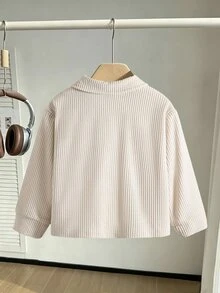 女童簡約夾克，杏色羅紋開襟外套，秋冬款，適合運動、外出、派對、校園穿著 - 杏色 - 查看 2