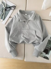 SHEIN 1件女童淺灰色半拉鍊立領運動衫，秋季服飾，落肩式設計配前袋鼠口袋，短版寬鬆版型 - 灰色 - 查看 4