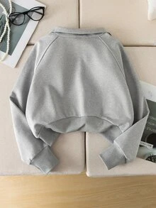 SHEIN 1件女童淺灰色半拉鍊立領運動衫，秋季服飾，落肩式設計配前袋鼠口袋，短版寬鬆版型 - 灰色 - 查看 2