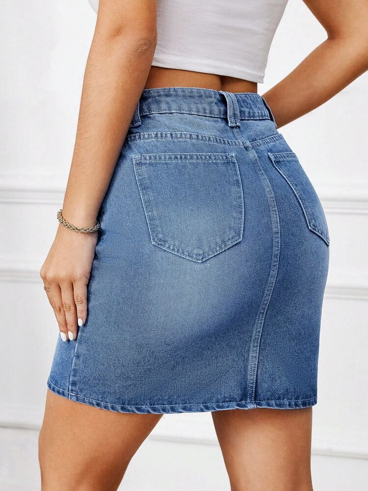 SHEIN Tall Women's Casual High-Waist Denim Skirt With Pockets, Tall Women - Light Wash - View 2