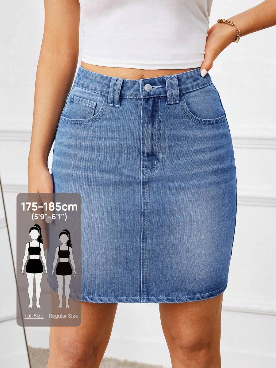 SHEIN Tall 女款休閒高腰牛仔裙,附口袋,適合高個女性 - 淺色水洗藍 - 查看 1