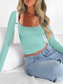 SHEIN Unity Women Square Neck Long Sleeve Ruffle Hem Fitted T-Shirt, Solid Color Fall Cloth For Women - Blue - View 4