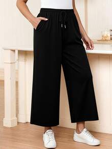 Rosumi Plus Size Women's Solid Color Drawstring Wide Leg Loose Casual Summer Outfits Pants,Spring Black - Black - View 3