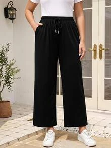 Rosumi Plus Size Women's Solid Color Drawstring Wide Leg Loose Casual Summer Outfits Pants,Spring Black - Black - View 2