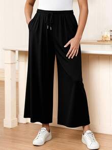 Rosumi Plus Size Women's Solid Color Drawstring Wide Leg Loose Casual Summer Outfits Pants,Spring Black - Black - View 5