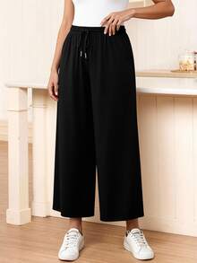 Rosumi Plus Size Women's Solid Color Drawstring Wide Leg Loose Casual Summer Outfits Pants,Spring Black - Black - View 7