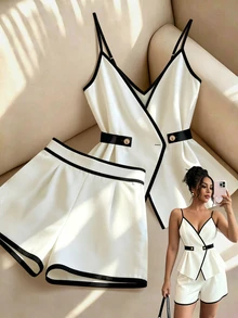 Franclia Women's Colorblock Fitted Overlap Design Camisole And Shorts 2 Pieces Set - Multicolor - View 1