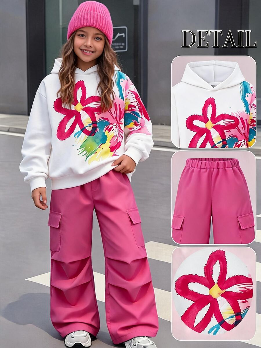SHEIN Hooded Long Sleeve Sweatshirt With Ribbed White Fan Print Pattern + Straight Leg Pants With Pockets 2-Piece Set, Cute Elegant Casual Preppy Style Girls Outfit - White - View 1