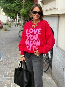 DrmWander Women Crew Neck Long Sleeve Sweatshirt, Foam Printing Love Slogan Heart Graphic Drop Shoulder Loose Pullover, Sweet Y2K Streetwear Casual AutumnWinter - Red - View 1