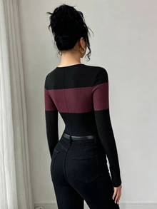 Elenzga 2025女款新款秋季休閒時尚拼接羅紋刷毛設計高級圓領標準肩修身顯瘦長袖連身衣，可作內搭與外穿，春秋冬日常百搭 - 彩色 - 查看 4