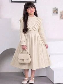 SHEIN 兒童青少年女孩高領荷葉邊長袖針織毛衣洋裝，秋季休閒日常穿著，保暖舒適柔軟，可愛優雅 - 杏色 - 查看 6