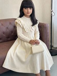 SHEIN 兒童青少年女孩高領荷葉邊長袖針織毛衣洋裝，秋季休閒日常穿著，保暖舒適柔軟，可愛優雅 - 杏色 - 查看 1
